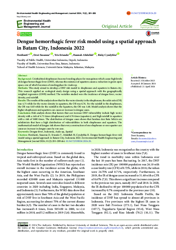 (PDF) Dengue hemorrhagic fever risk model using a spatial approach in ...