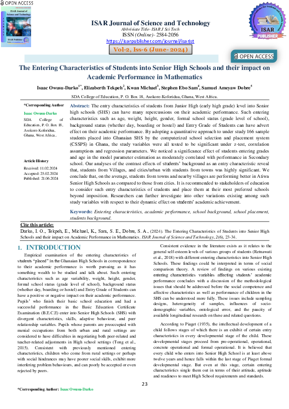 (PDF) The Entering Characteristics of Students into Senior High Schools ...