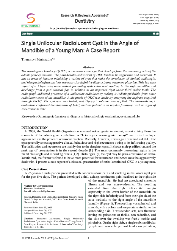 (PDF) Single Unilocular Radiolucent Cyst in the Angle of Mandible of a ...