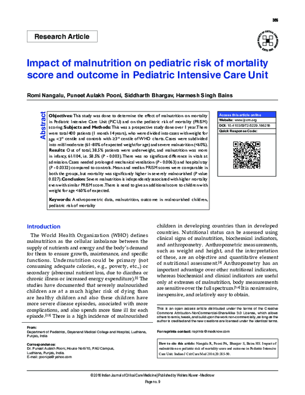 (PDF) Impact of malnutrition on pediatric risk of mortality score and ...