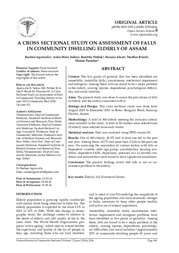 (PDF) A CROSS SECTIONAL STUDY ON ASSESSMENT OF FALLS IN COMMUNITY ...