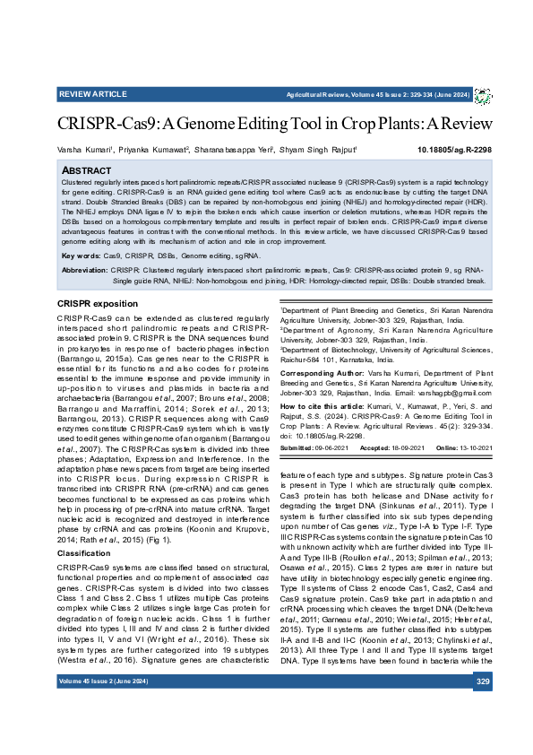 (PDF) CRISPR-Cas9: A Genome Editing Tool in Crop Plants: A Review