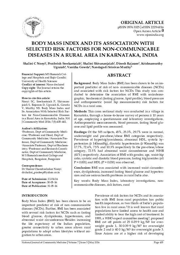 (PDF) BODY MASS INDEX AND ITS ASSOCIATION WITH SELECTED RISK FACTORS ...