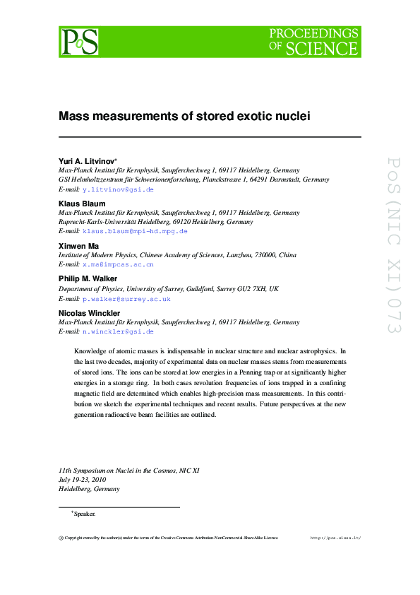 (PDF) Mass measurements of stored exotic nuclei