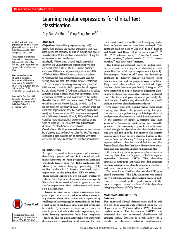 (PDF) Learning regular expressions for clinical text classification