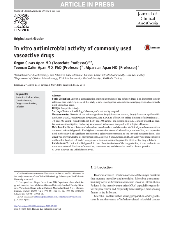 (PDF) In vitro antimicrobial activity of commonly used vasoactive drugs