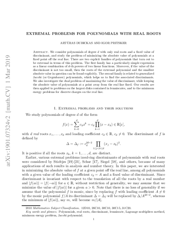 (PDF) Extremal problems for polynomials with real roots