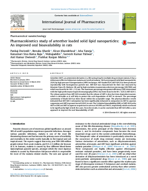 (PDF) Pharmacokinetics study of arteether loaded solid lipid ...