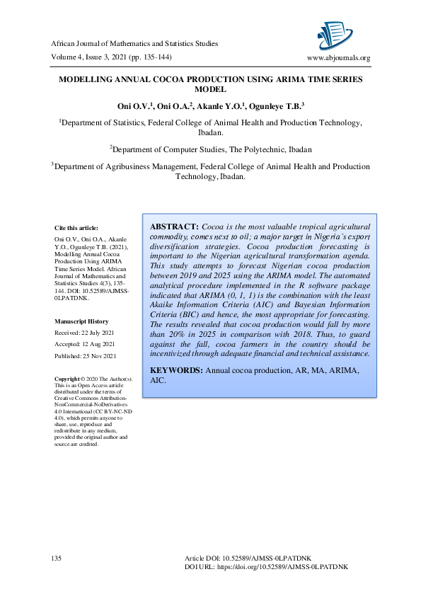 (PDF) Modelling Annual Cocoa Production Using ARIMA Time Series Model