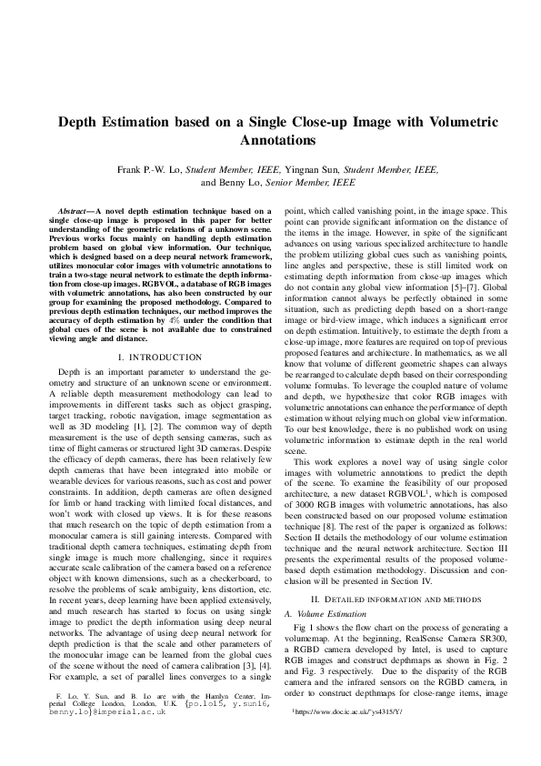 (PDF) Depth Estimation based on a Single Close-up Image with Volumetric ...