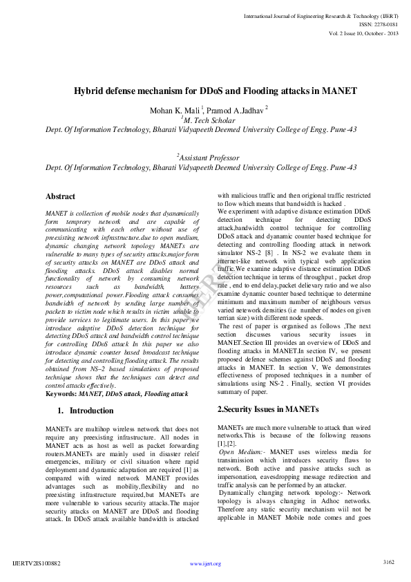 (PDF) Hybrid defense mechanism for DDoS and Flooding attacks in MANET