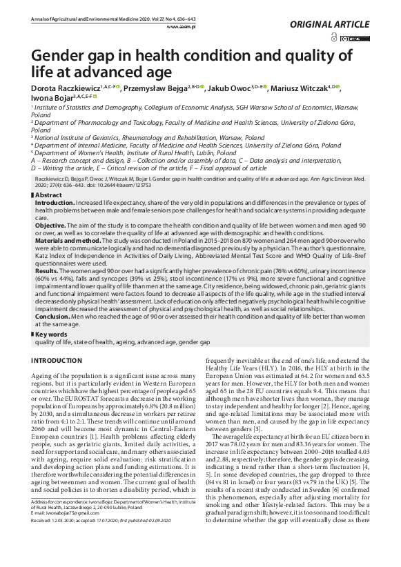 (PDF) Gender gap in health condition and quality of life at advanced age