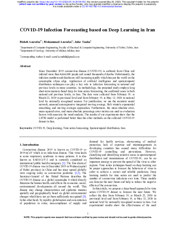 (PDF) COVID-19 Infection Forecasting based on Deep Learning in Iran