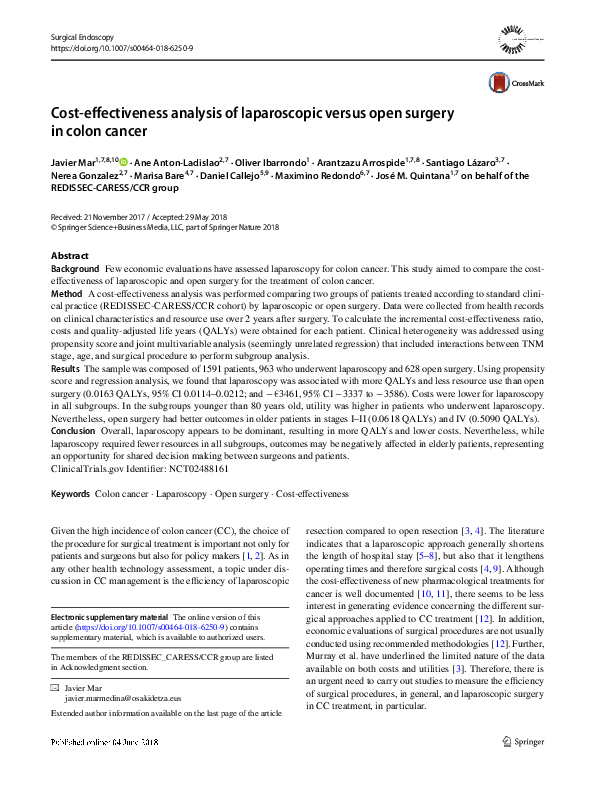 (PDF) Cost-effectiveness analysis of laparoscopic versus open surgery ...