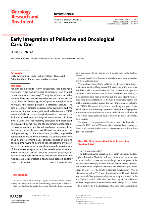 (PDF) Early Integration of Palliative and Oncological Care: Con