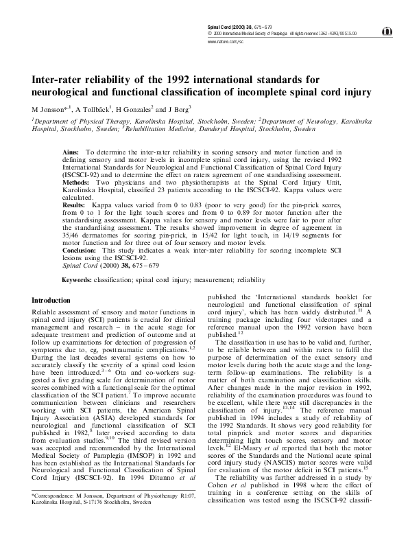 (PDF) Inter-rater reliability of the 1992 international standards for ...