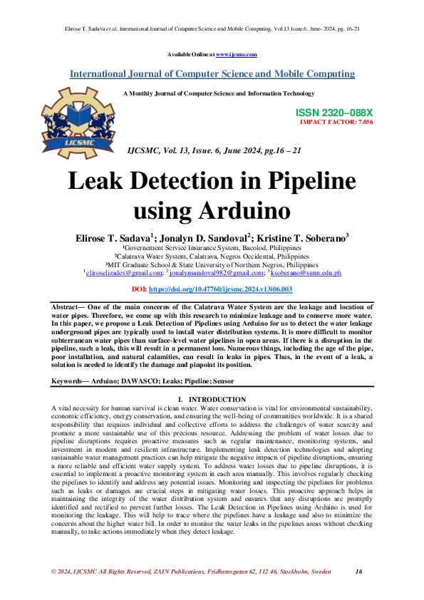 (PDF) Leak Detection in Pipeline using Arduino