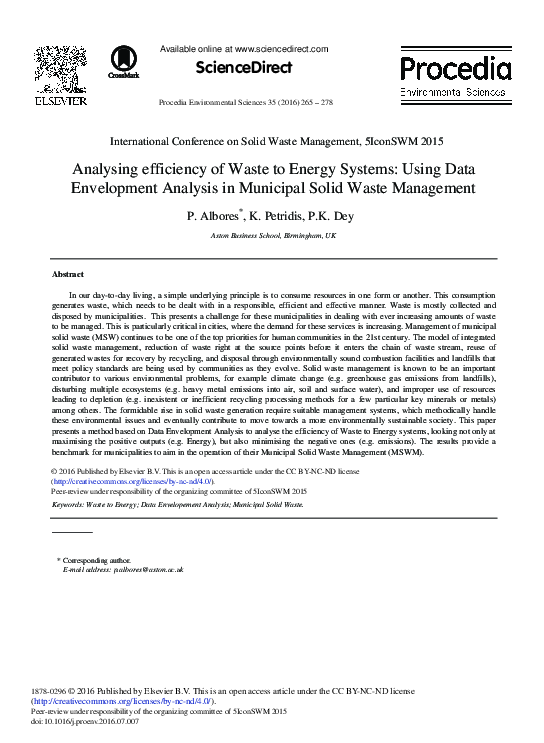 (PDF) Analysing Efficiency of Waste to Energy Systems: Using Data ...