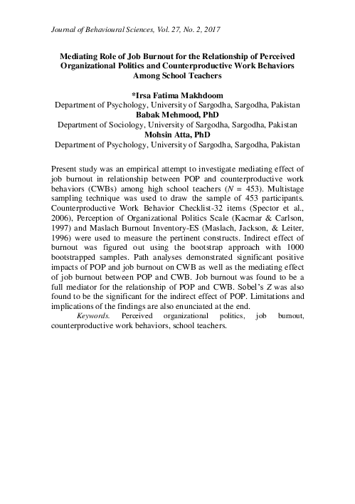 (PDF) Mediating Role of Job Burnout for the Relationship of Perceived ...