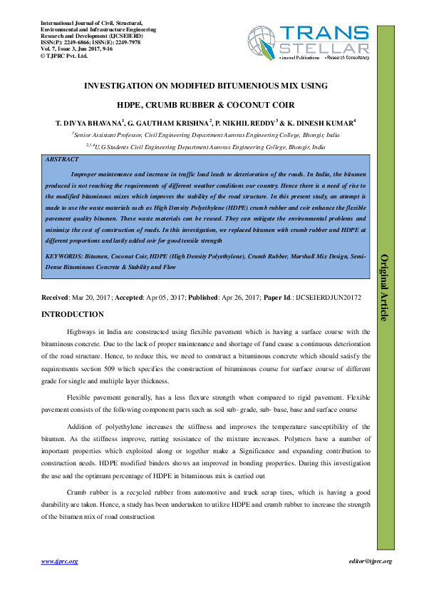 (PDF) Investigation on Modified Bitumenious MIX Using Hdpe, Crumb ...