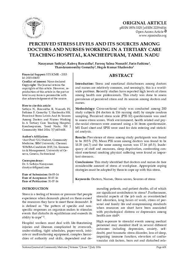 (PDF) PERCEIVED STRESS LEVELS AND ITS SOURCES AMONG DOCTORS AND NURSES ...