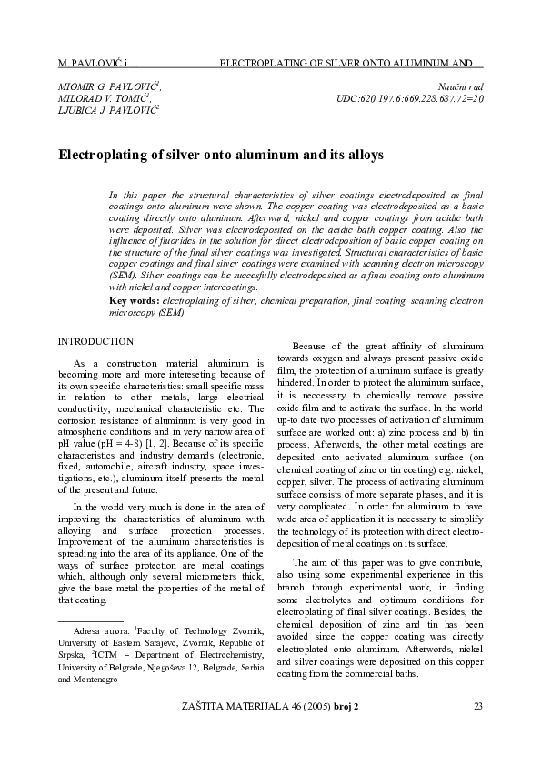 (PDF) Electroplating of silver onto aluminum and its alloys
