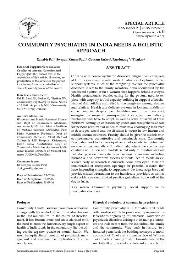 (PDF) COMMUNITY PSYCHIATRY IN INDIA NEEDS A HOLISTIC APPROACH