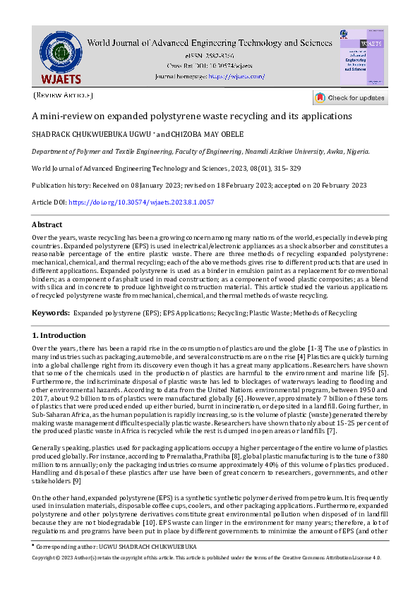 (PDF) A mini-review on expanded polystyrene waste recycling and its ...