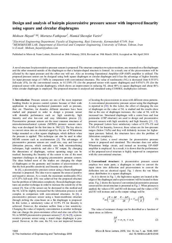 (PDF) Design and analysis of hairpin piezoresistive pressure sensor ...