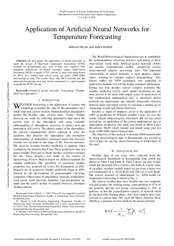 (PDF) Application of Artificial Neural Networks for Temperature Forecasting