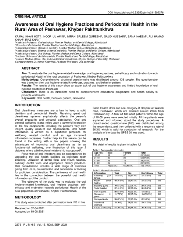 (PDF) Awareness of Oral Hygiene Practices and Periodontal Health In The ...
