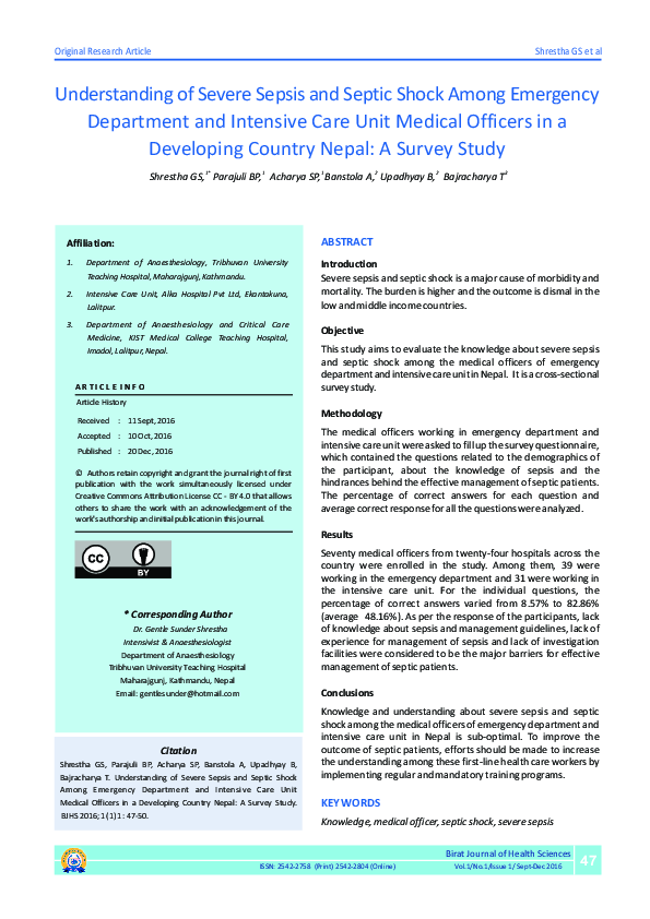 (PDF) Understanding of Severe Sepsis and Septic Shock Among Emergency ...