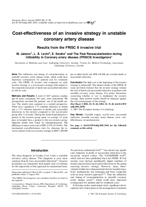 (PDF) Cost-effectiveness of an invasive strategy in unstable coronary ...