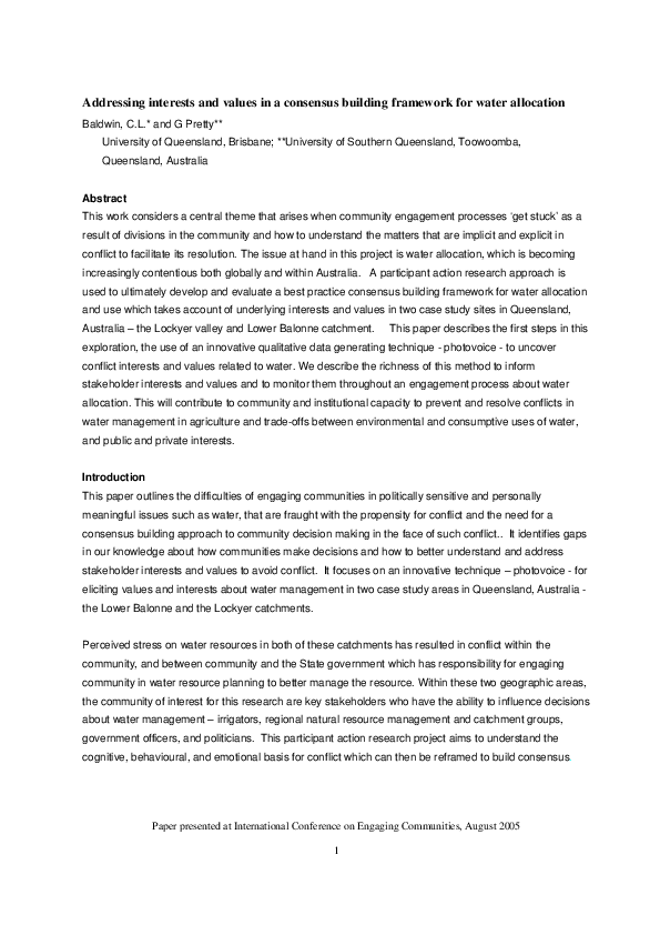 (PDF) Addressing interests and values in a consensus building framework ...