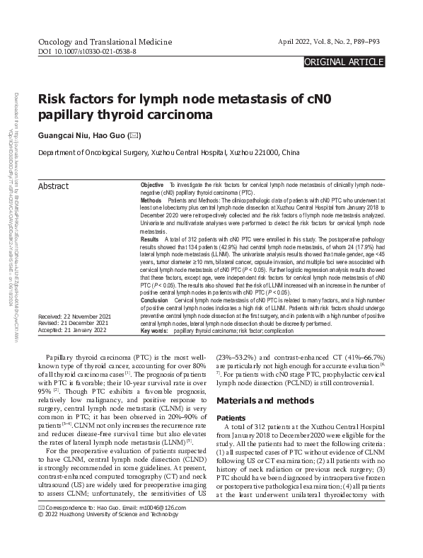 (PDF) Risk factors for lymph node metastasis of cN0 papillary thyroid ...