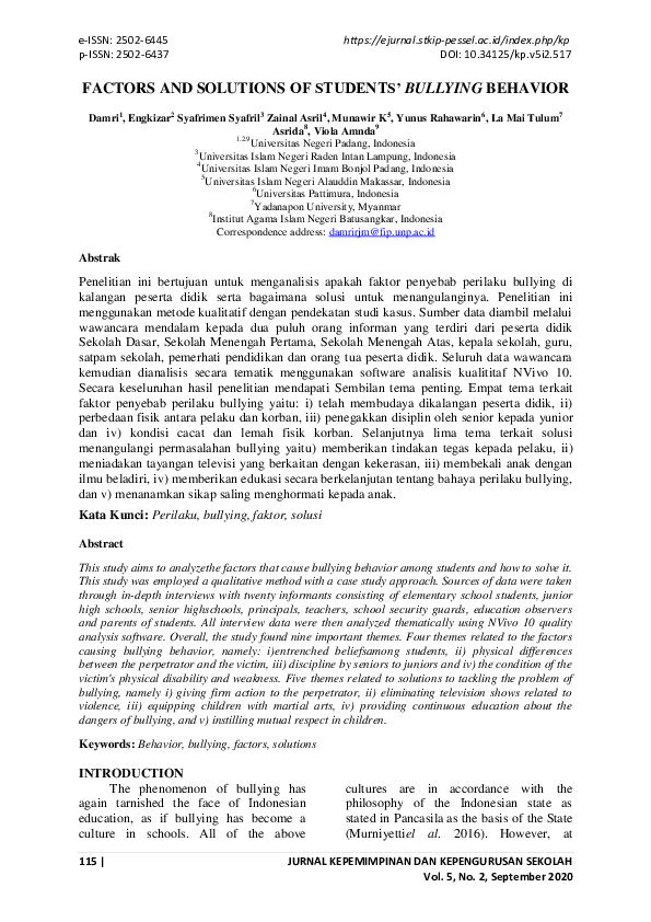 (PDF) Factors and Solutions of Students’ Bullying Behavior