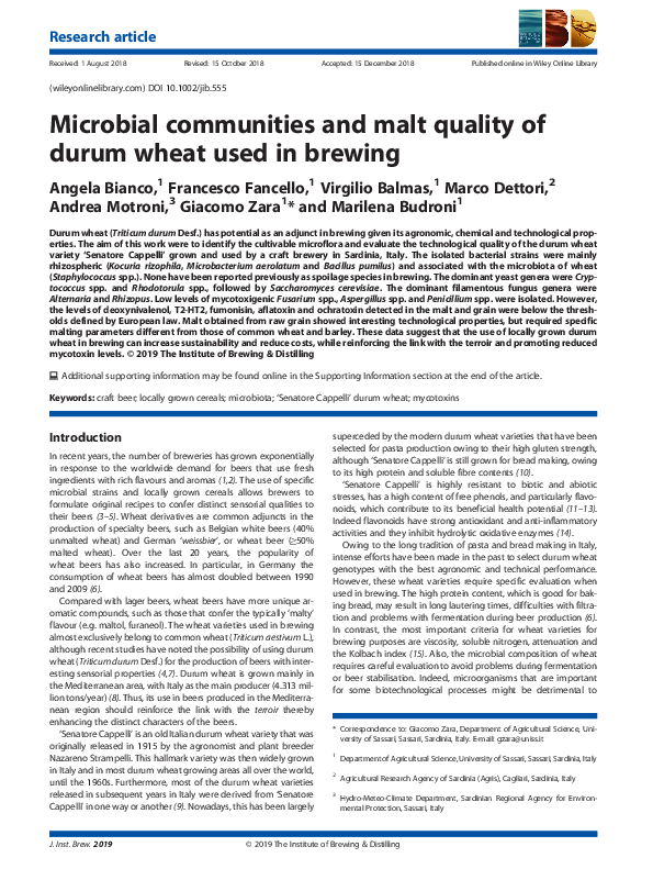 (PDF) Microbial communities and malt quality of durum wheat used in brewing