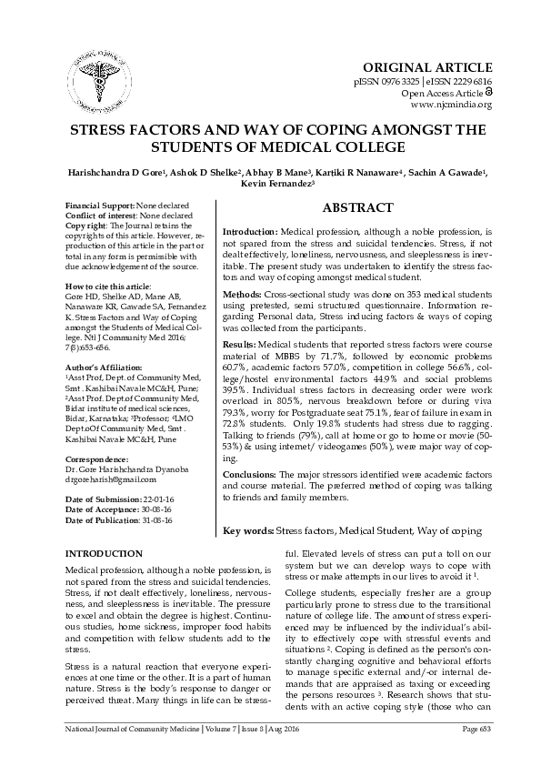 (PDF) STRESS FACTORS AND WAY OF COPING AMONGST THE STUDENTS OF MEDICAL ...