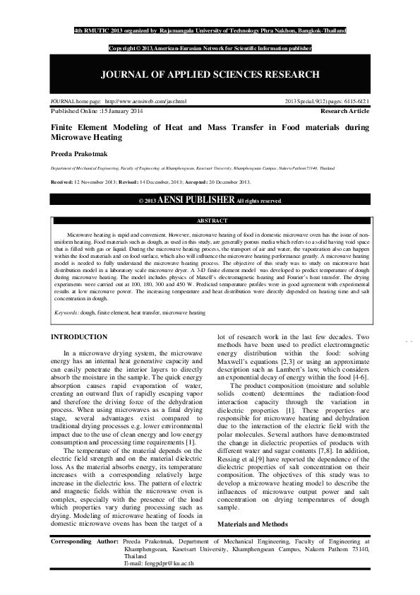 (PDF) Finite Element Modeling of Heat and Mass Transfer in Food ...