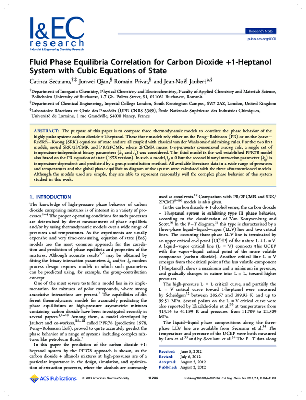 (PDF) Fluid Phase Equilibria Correlation for Carbon Dioxide +1-Heptanol ...