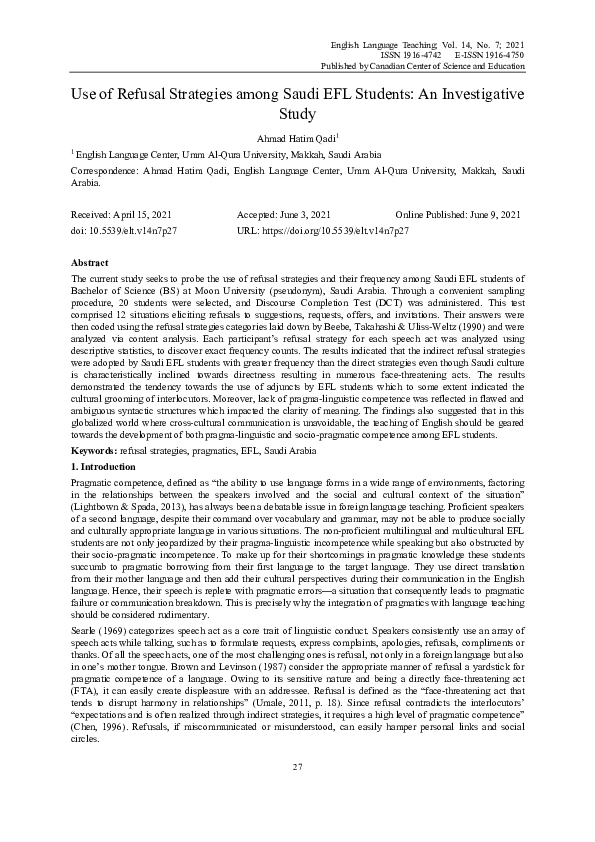(PDF) Use of Refusal Strategies among Saudi EFL Students: An ...
