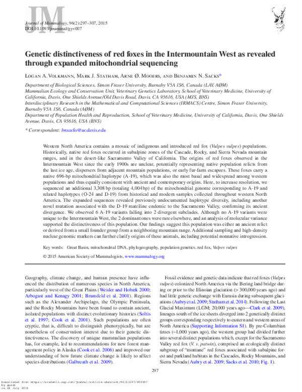(PDF) Genetic distinctiveness of red foxes in the Intermountain West as ...