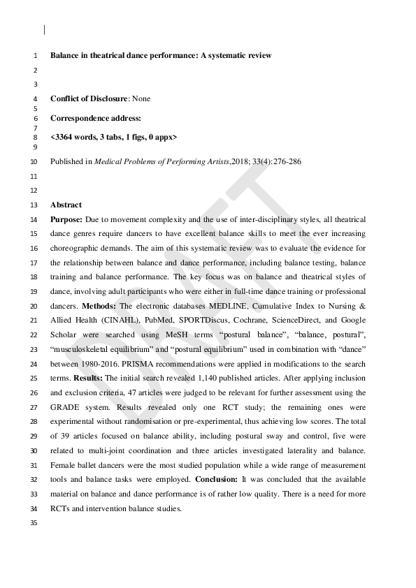 (PDF) Balance in Theatrical Dance Performance: A Systematic Review