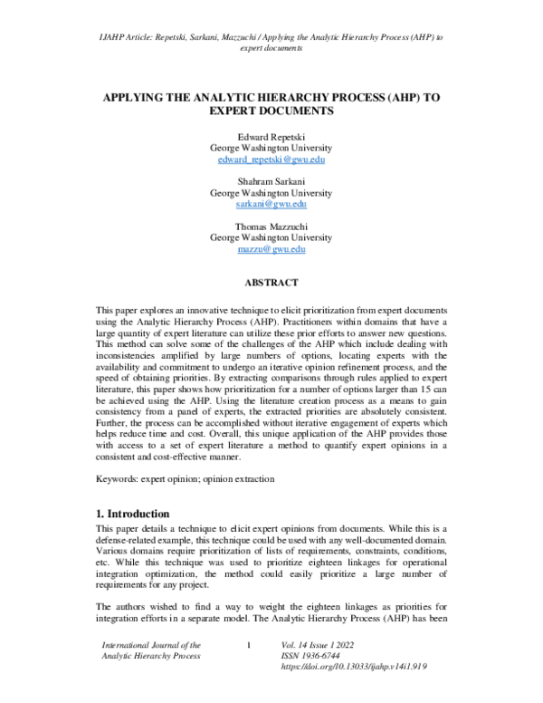 (PDF) Applying the Analytic Hierarchy Process (Ahp) to Expert Documents
