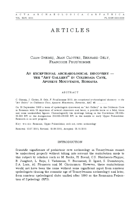 First page of “An Exceptional Archaeological Discovery - The Art Gallery in Coliboaia Cave Apuseni Mountains Romania”