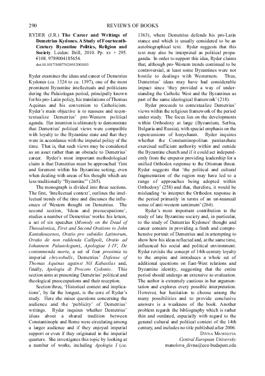 (PDF) (J.R.) Ryder The Career and Writings of Demetrius Kydones. A ...