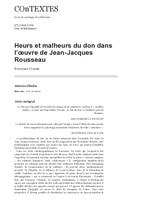 (PDF) Heurs et malheurs du don dans l’œuvre de Jean-Jacques Rousseau