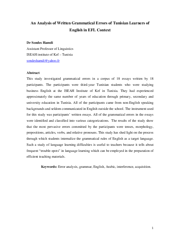 (PDF) An Analysis of Written Grammatical Errors of Tunisian Learners of ...