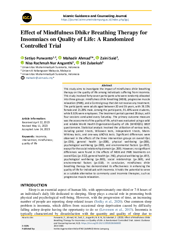 (PDF) Effect of Mindfulness Dhikr Breathing Therapy for Insomniacs on ...