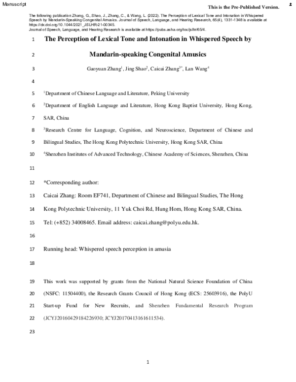 (PDF) The Perception of Lexical Tone and Intonation in Whispered Speech ...